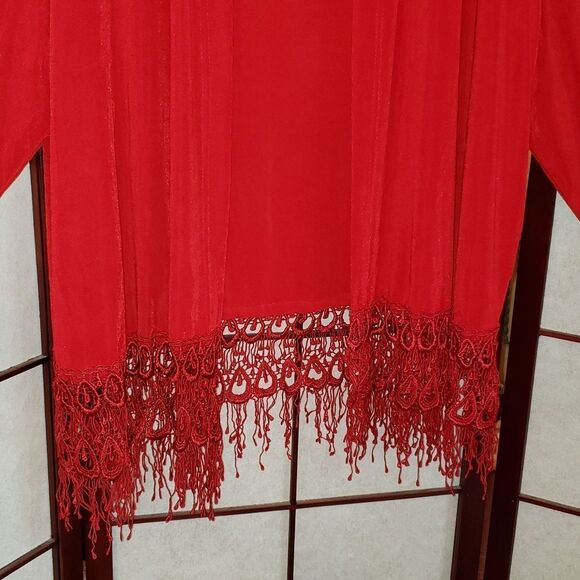 Amanda 3X Shimmery Red Fringe Cardigan Sweater - Picture 3 of 7
